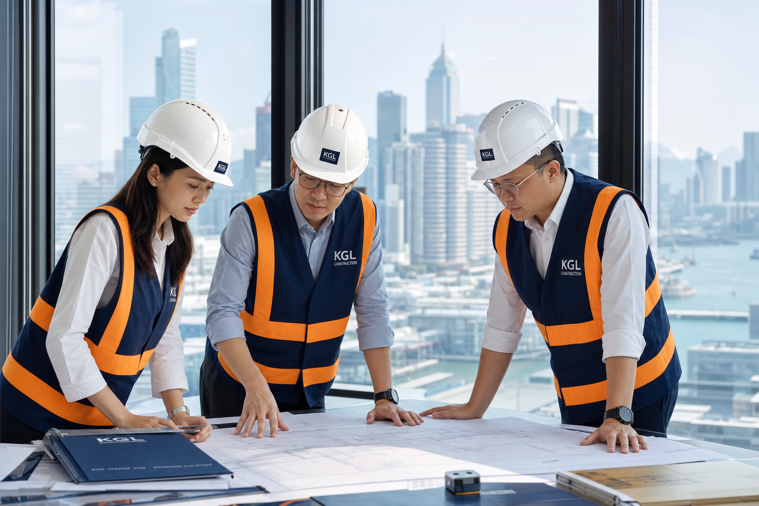 Kin Chiu Engineering team reviewing blueprints in Hong Kong office